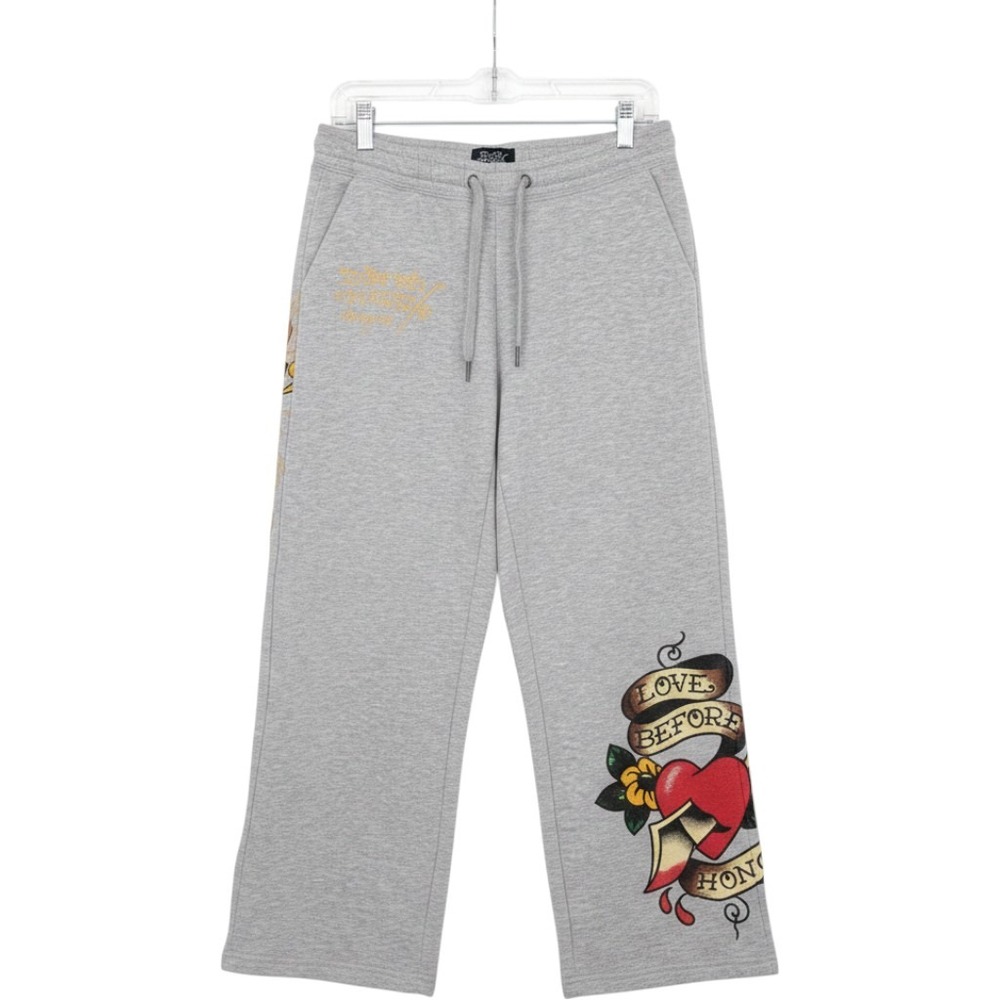 Ed Hardy Sweatpants Women Medium Gray Tattoo Graphic Y2K Love Kills Wide Leg
